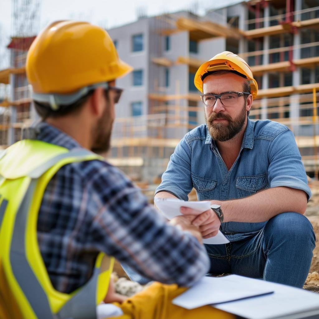 A contractor sitting with their accountant on a jobsite A contractor sitting with their accountant on a jobsite