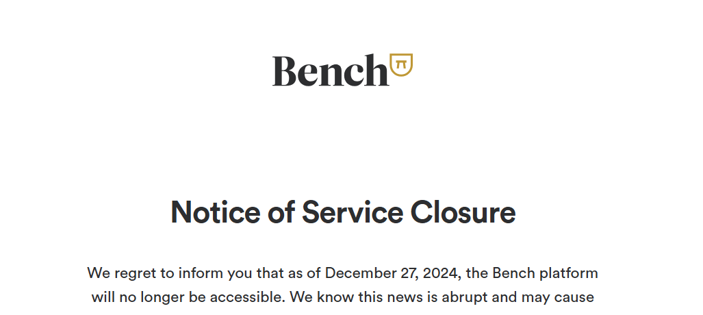 Bench Accounting Service Closure Notce